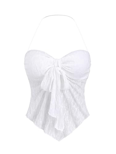 GORGLITTER Damen Crop Top Y2K Neckholder Tops Asymmetrisch Oberteil Trägershirt Transparent Sommer Träger-Top Weiß XS von GORGLITTER