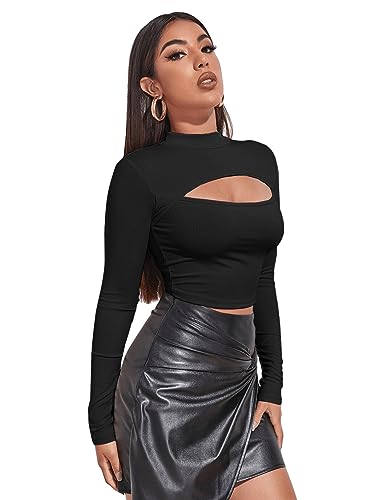 GORGLITTER Damen Crop Top Cut Outs T-Shirt Rippenstrick Oberteil Bauchfrei Langarmshirts Langarmtops Pulli mit Stehkragen Schwarz L von GORGLITTER