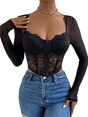 GORGLITTER Damen Crop Top Durchsichtig Mesh Langarmshirt Bauchfrei Oberteil Transparent Tops mit Spitzen Schwarz M von GORGLITTER