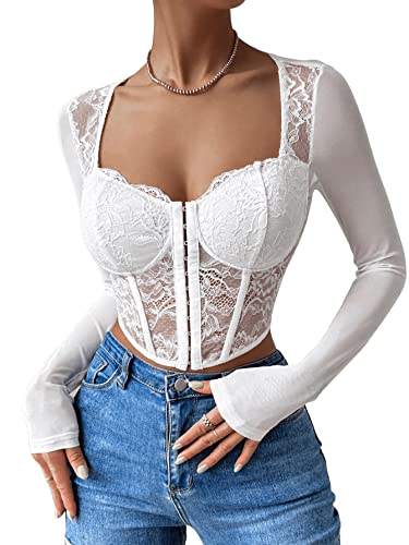 GORGLITTER Damen Crop Top Durchsichtig Mesh Langarmshirt Bauchfrei Oberteil Transparent Tops mit Spitzen Weiß XS von GORGLITTER