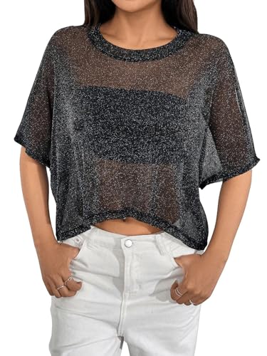 GORGLITTER Damen Crop Top Durchsichtige Mesh Oberteile Locker Tops mit Glitzer T-Shirts Sommertop Halblange Ärmel T-Shirt Sommershirt Schwarz M von GORGLITTER