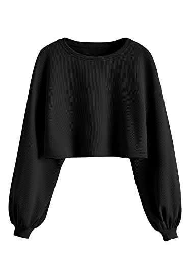 GORGLITTER Damen Crop Top Rundkragen Bauchfrei Oberteil Langarmshirt Cropped Pullover Schwarz S von GORGLITTER