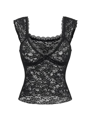 GORGLITTER Damen Crop Top Spitzentop V Ausschnitt Bauchfreies Oberteil Durchsichtige Spitze Tanktop Tops Schwarz S von GORGLITTER