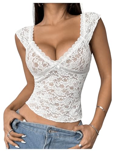 GORGLITTER Damen Crop Top Spitzentop V Ausschnitt Bauchfreies Oberteil Durchsichtige Spitze Tanktop Tops Weiß S von GORGLITTER