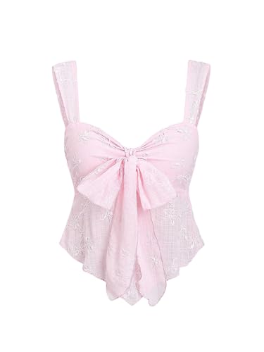 GORGLITTER Damen Crop Top Y2K Asymmetrisch Oberteil Breite Träger Tops Trägershirt mit Schleife Transparent Sommertop Bauchfrei Oberteile Rosa XS von GORGLITTER