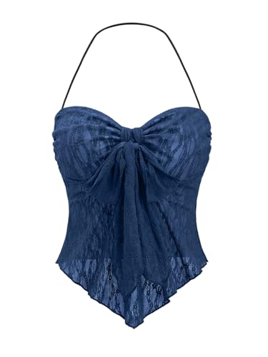 GORGLITTER Damen Crop Top Y2K Neckholder Tops Asymmetrisch Oberteil Trägershirt Transparent Sommer Träger-Top Dunkelblau L von GORGLITTER