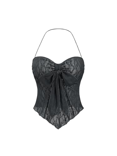 GORGLITTER Damen Crop Top Y2K Neckholder Tops Asymmetrisch Oberteil Trägershirt Transparent Sommer Träger-Top Dunkelgrau M von GORGLITTER