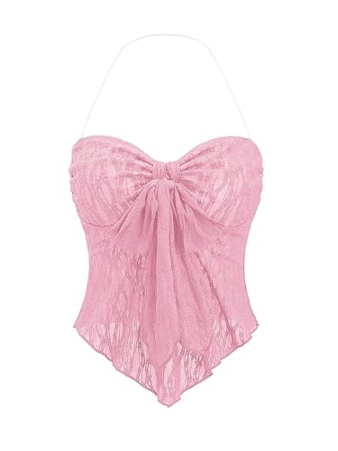GORGLITTER Damen Crop Top Y2K Neckholder Tops Asymmetrisch Oberteil Trägershirt Transparent Sommer Träger-Top Hell-Pink L von GORGLITTER