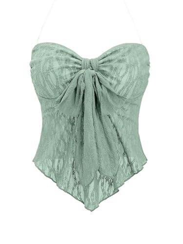 GORGLITTER Damen Crop Top Y2K Neckholder Tops Asymmetrisch Oberteil Trägershirt Transparent Sommer Träger-Top Minzgrün XS von GORGLITTER