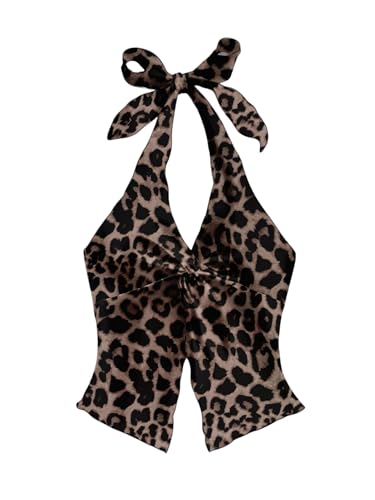 GORGLITTER Damen Crop Top Y2K Neckholder Tops Leoparden Oberteil Trägershirt Rückenfrei Sommertop Träger-Top mit Schlitz vorne Kaffeebraun M von GORGLITTER