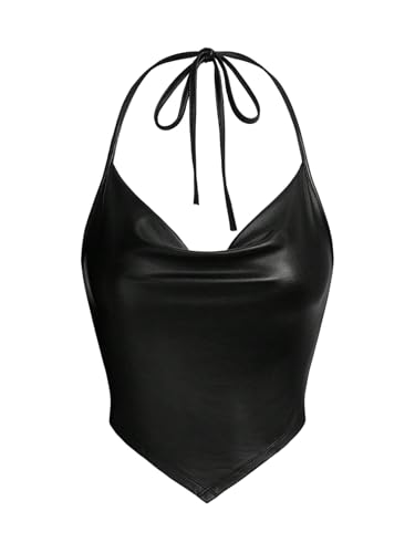 GORGLITTER Damen Crop Top Y2K Neckholder Tops Sommer Trägertop Bauchfrei Oberteil Halter Tanktop Trägershirt Rückenfreies Sommertop Ärmelloses Partytops Schwarz XS von GORGLITTER