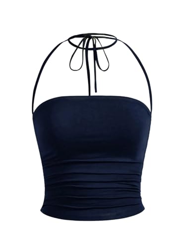 GORGLITTER Damen Crop Top Y2K Neckholder Tops Trägertop Bauchfrei Oberteil Halter Top Trägershirt Sommer Träger-Top Dunkelblau M von GORGLITTER