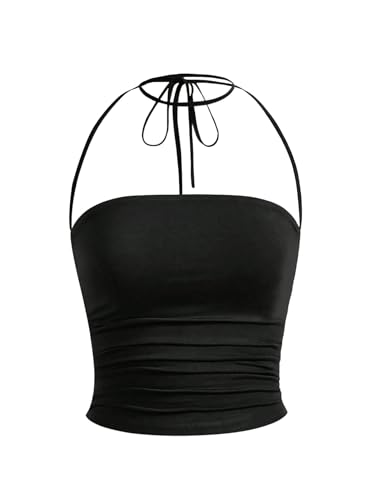 GORGLITTER Damen Crop Top Y2K Neckholder Tops Trägertop Bauchfrei Oberteil Halter Top Trägershirt Sommer Träger-Top Schwarz L von GORGLITTER