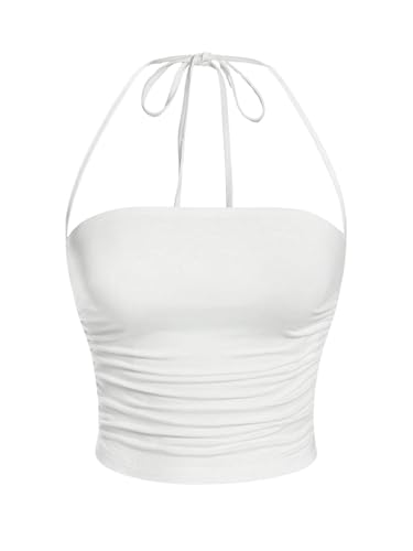 GORGLITTER Damen Crop Top Y2K Neckholder Tops Trägertop Bauchfrei Oberteil Halter Top Trägershirt Sommer Träger-Top Weiß S von GORGLITTER