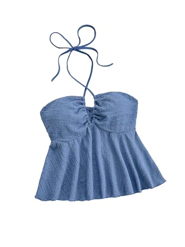 GORGLITTER Damen Crop Top Y2K Neckholder Tops Trägertop Bauchfrei Oberteil Halter Top Trägershirt Sommer Träger-Top mit Rüschensaum Blau XL von GORGLITTER