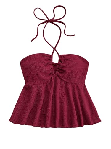 GORGLITTER Damen Crop Top Y2K Neckholder Tops Trägertop Bauchfrei Oberteil Halter Top Trägershirt Sommer Träger-Top mit Rüschensaum Bordeaux L von GORGLITTER