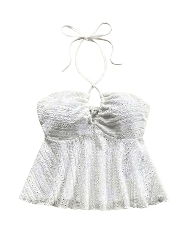 GORGLITTER Damen Crop Top Y2K Neckholder Tops Trägertop Bauchfrei Oberteil Halter Top Trägershirt Sommer Träger-Top mit Rüschensaum Weiß XS von GORGLITTER