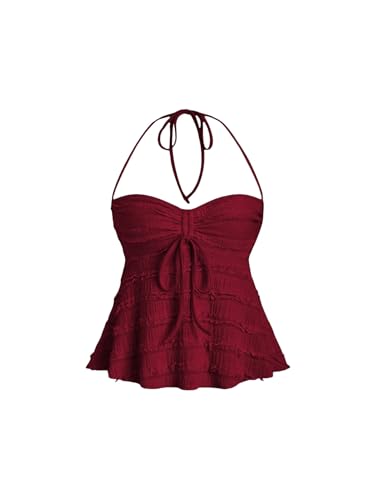 GORGLITTER Damen Crop Top Y2K Neckholder Tops Trägertop Bauchweg Oberteil Halter Top Trägershirt Sommer Träger-Top Bordeaux S von GORGLITTER