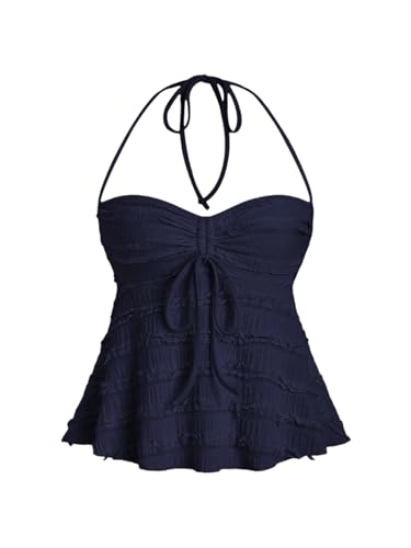 GORGLITTER Damen Crop Top Y2K Neckholder Tops Trägertop Bauchweg Oberteil Halter Top Trägershirt Sommer Träger-Top Dunkelblau L von GORGLITTER