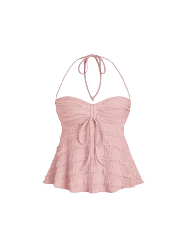 GORGLITTER Damen Crop Top Y2K Neckholder Tops Trägertop Bauchweg Oberteil Halter Top Trägershirt Sommer Träger-Top Rosa L von GORGLITTER