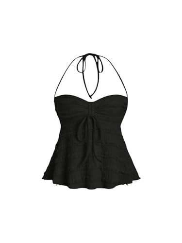GORGLITTER Damen Crop Top Y2K Neckholder Tops Trägertop Bauchweg Oberteil Halter Top Trägershirt Sommer Träger-Top Schwarz XS von GORGLITTER