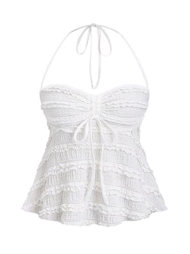 GORGLITTER Damen Crop Top Y2K Neckholder Tops Trägertop Bauchweg Oberteil Halter Top Trägershirt Sommer Träger-Top Weiß L von GORGLITTER