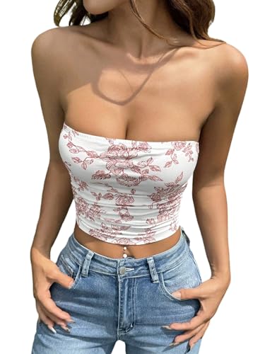 GORGLITTER Damen Crop Top mit Blumenmuster Trägerloses Top Bauchfrei Oberteil Schulterfrei Sommertop Urlaub Bandeau Tubetop Rot und Weiß M von GORGLITTER