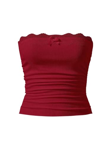GORGLITTER Damen Crop Top mit Spitzenbesatz Tube Top Trägerlos Sommertop Bandeau Spitzentop Untertop Bordeaux XS von GORGLITTER