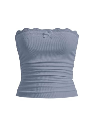 GORGLITTER Damen Crop Top mit Spitzenbesatz Tube Top Trägerlos Sommertop Bandeau Spitzentop Untertop Graublau L GORGLITTER Damen Crop Top mit Spitzenbesatz Tube Top Trägerlos Sommertop Bandeau Spitzentop Untertop Graublau L von GORGLITTER