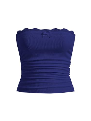 GORGLITTER Damen Crop Top mit Spitzenbesatz Tube Top Trägerlos Sommertop Bandeau Spitzentop Untertop Königsblau S von GORGLITTER