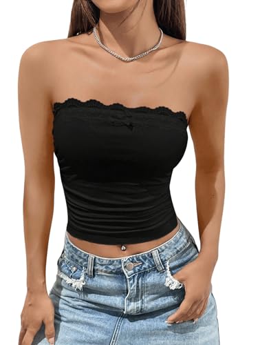 GORGLITTER Damen Crop Top mit Spitzenbesatz Tube Top Trägerlos Sommertop Bandeau Spitzentop Untertop Schwarz M von GORGLITTER
