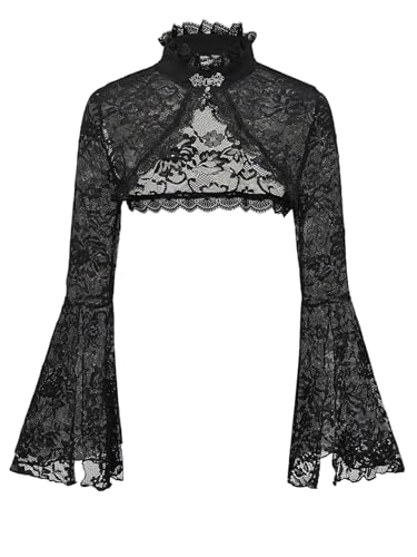 GORGLITTER Damen Crop Trachtenbluse Spitzentop Elegant Bauchfreies Oberteil Mit Volant Ärmeln Durchsichtige Spitze Dirndlbluse Tops mit Stehkragen Schwarz S von GORGLITTER