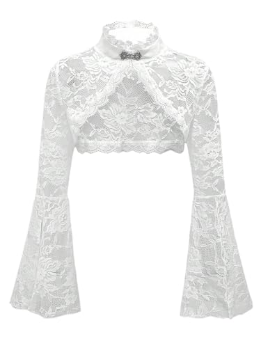 GORGLITTER Damen Crop Trachtenbluse Spitzentop Elegant Bauchfreies Oberteil Mit Volant Ärmeln Durchsichtige Spitze Dirndlbluse Tops mit Stehkragen Weiß XS von GORGLITTER