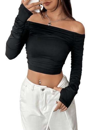 GORGLITTER Damen Crop Tshirt Schulterfrei Langarm T-Shirt Elegant Bauchfrei Oberteil Y2K Off-Shoulder Langarmshirt Basic Tops Schwarz M von GORGLITTER