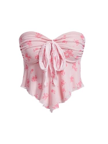 GORGLITTER Damen Crop Tube Top Trägerlos Bandeau Top Kurz Oberteile Blume Muster Tops mit Knoten vorne Rosa L von GORGLITTER