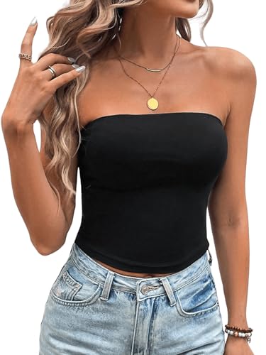 GORGLITTER Damen Crop Tube Top Trägerloses Sommertop Kurz Oberteile Basic Ärmelloses Tube-Top Elegant Freizeittop Sommeroutfits Schwarz M von GORGLITTER