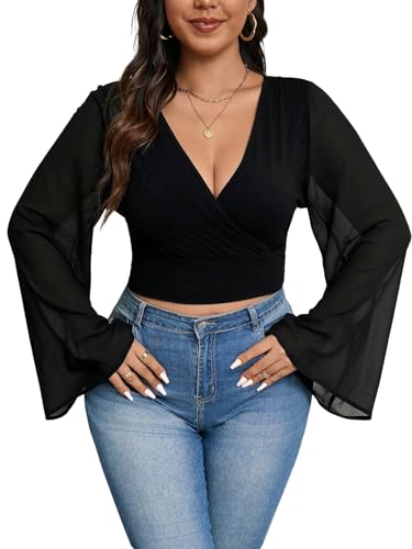 GORGLITTER Damen Curvy Bluse Elegant Meshtop Bauchfreies Oberteile mit Glockenärmeln V-Ausschnitt Langarmshirt Herbstshirt Blusentop Schwarz 1XL von GORGLITTER