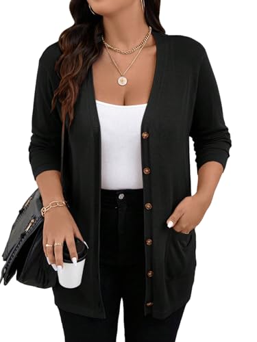 GORGLITTER Damen Curvy Strickjacke Elegant Große Größen Lange Cardigan mit Taschen und Knöpfen Tunika Langarm Strickjacken mit V-Ausschnitt Schwarz 1XL von GORGLITTER