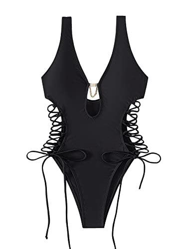 GORGLITTER Damen Cut-Out Badeanzug One Piece Swimwear Träger Einteilige Bademode mit Band Schwarz L von GORGLITTER