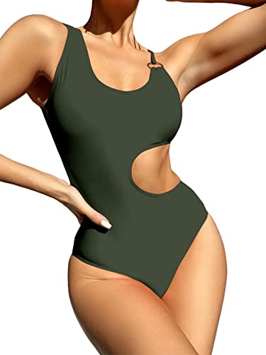 GORGLITTER Damen Cut-Out Badeanzug One Piece Swimwear Träger Einteilige Bademode mit Ring Armeegrün S von GORGLITTER