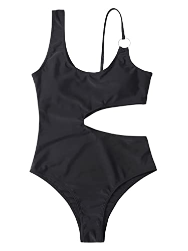 GORGLITTER Damen Cut-Out Badeanzug One Piece Swimwear Träger Einteilige Bademode mit Ring Schwarz L von GORGLITTER