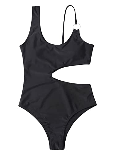 GORGLITTER Damen Cut-Out Badeanzug One Piece Swimwear Träger Einteilige Bademode mit Ring Schwarz M von GORGLITTER