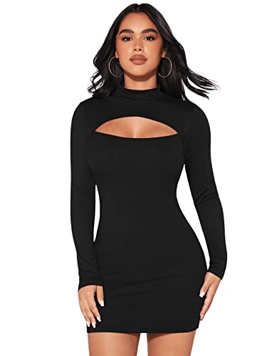 GORGLITTER Damen Cut Out Kleid Figurbetontes Kleid Mit Ausschnitt Sexy Langarm Kleider Rippenstrick Kleid Schwarz M von GORGLITTER