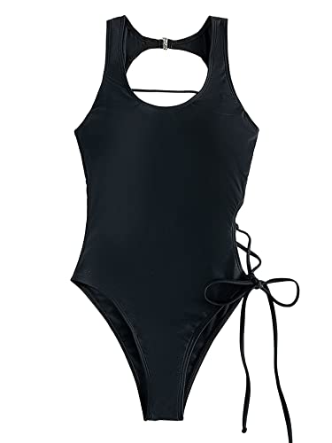 GORGLITTER Damen Swimanzug Cut Outs Badeanzug Geschnürt One Piece Swimwear Träger Einteilige Bademode Bügellos Badeanzüge mit Schnürzug Schwarz L von GORGLITTER