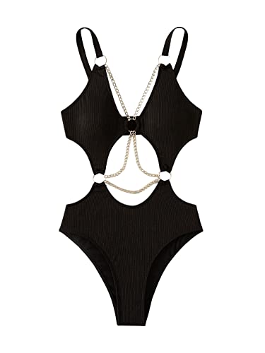 GORGLITTER Damen Cut Outs Badeanzug O-Ring One Piece Swimwear Bügellos Einteilige Bademode Badeanzüge mit Ketten Schwarz L von GORGLITTER