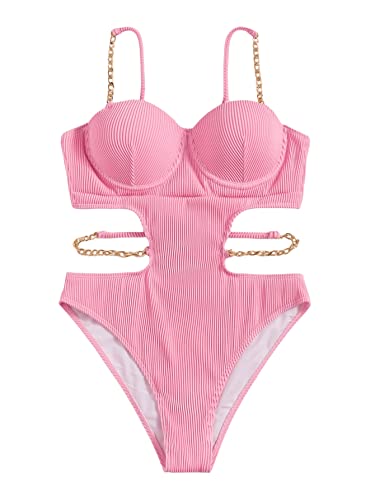 GORGLITTER Damen Cut Outs Badeanzug Push Up One Piece Swimwear Spaghettiträger Einteilige Bademode Badeanzüge mit Ketten Rosa L von GORGLITTER