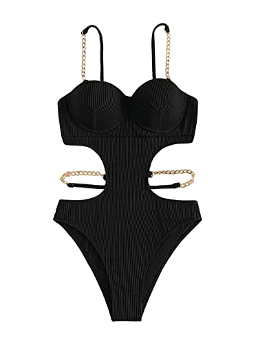 GORGLITTER Damen Cut Outs Badeanzug Push Up One Piece Swimwear Spaghettiträger Einteilige Bademode Badeanzüge mit Ketten Schwarz L von GORGLITTER