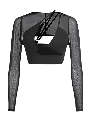 GORGLITTER Damen Cut Outs Bauchfrei Oberteil Asymmetrisch Langarmshirts Mesh Tops Crop Top mit Netzstoff Schwarz L von GORGLITTER