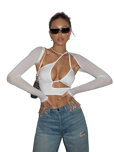 GORGLITTER Damen Cut Outs Bauchfrei Oberteil Asymmetrisch Langarmshirts Mesh Tops Crop Top mit Netzstoff Weiß S von GORGLITTER