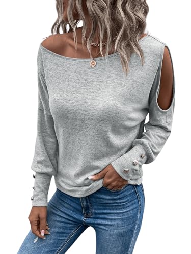 GORGLITTER Cut Outs Oberteil Damen Elegant T-Shirt Langarm Frühling Shirts Casualshirt mit Asymmetrischer Ausschnitt Grau S von GORGLITTER